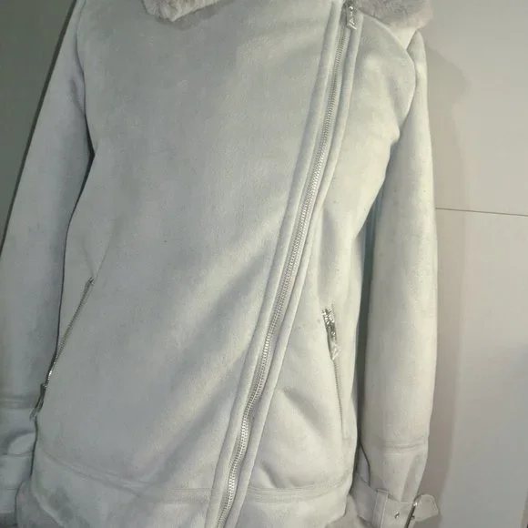 Hollister Biker Jacket Small Faux Suede Fur Grey Plush Super Soft NEW With Defec - Picture 14 of 14